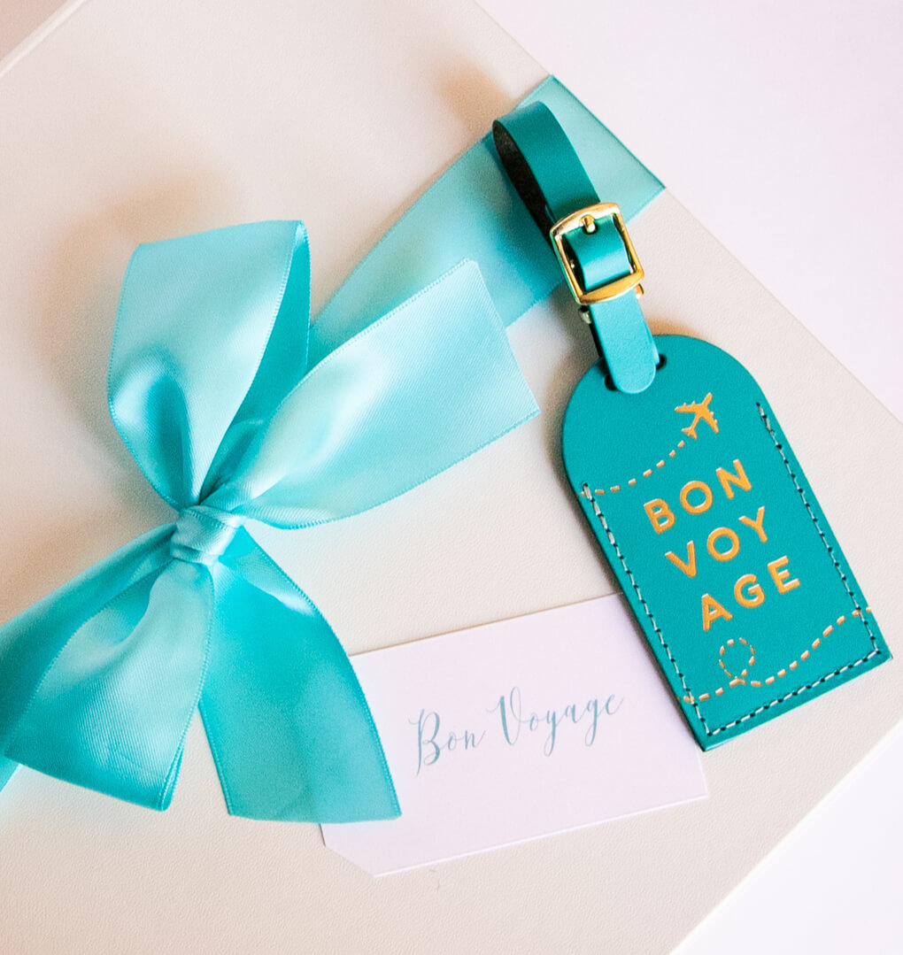 Bon Voyage Luggage Tag with Baby Blue Ribbon